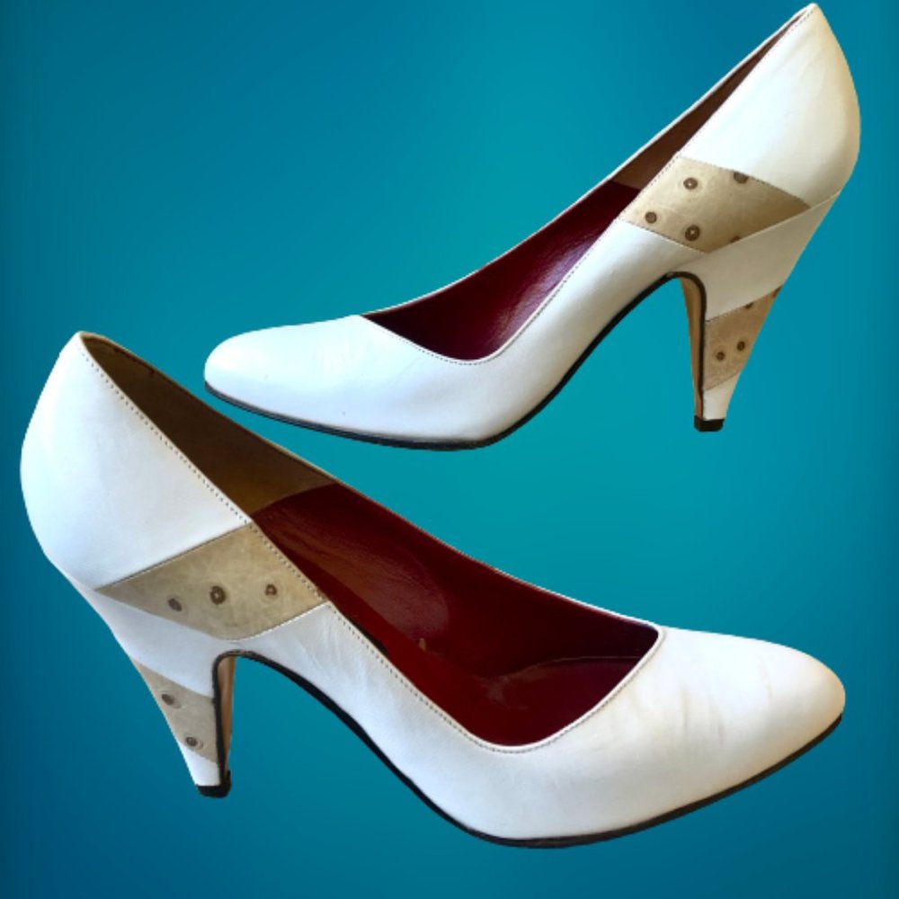 Allegro Vintage 80's Leather Pump Ostrich Print Heels size 8 Narrow